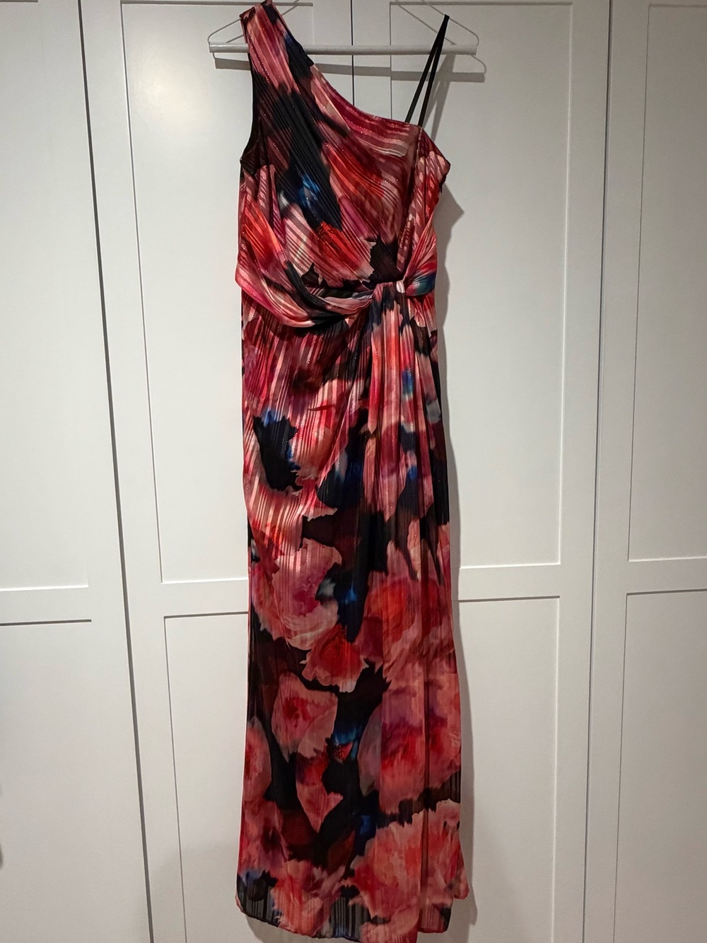 Adrianna Papell One-Shoulder Pleated Floral Maxi Dress in Red, Pink and Blue